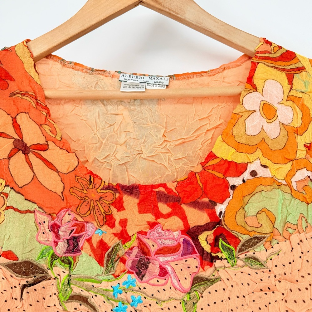 Alberto Makali Y2K Silk Look Orange Floral Crinkle Mesh Top Blouse Large L Boho - Picture 11 of 15